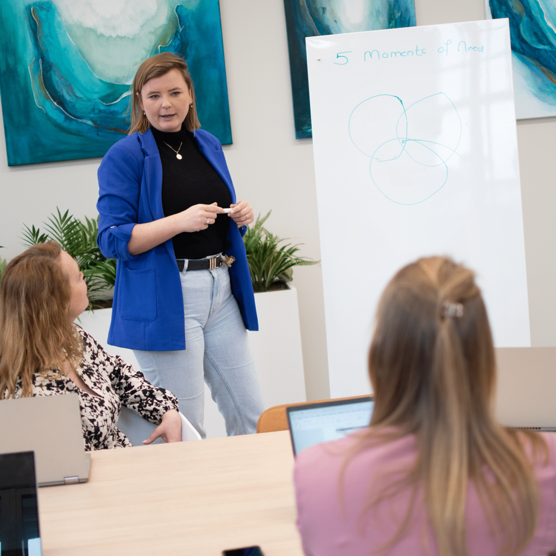 Vrouw die presenteert bij een whiteboard in een vergaderruimte.